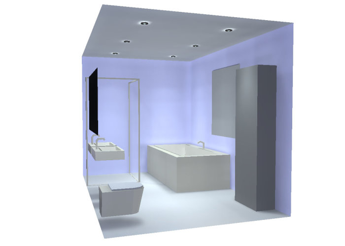 3D-rendering av ett modernt badrum med spotlights i taket, stor spegel, handfat och badkar.