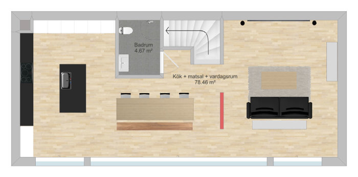 Planritning av en våningsplanslösning med kök, matsal, vardagsrum och ett badrum.