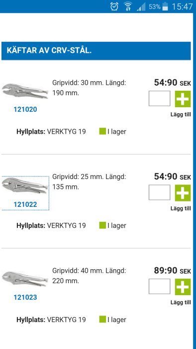 Webbsida visar tre modeller av svetstång med pris och storlek för onlineköp.