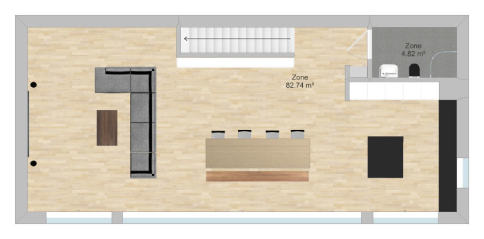 Plantekning av ett hem med utrymmen för badrum, trappor och zoner för kök och vardagsrum markerade.