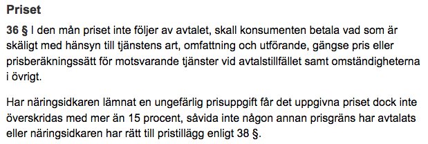 Skärmdump av text om konsumenttjänstlagen angående skäligt pris och pristillägg i en bygg- och renoveringsdiskussion.