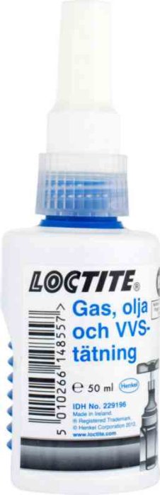 Flaska med Loctite gängtätning för gas, olja och VVS, livsmedelsklassad alternativ föreslås i texten.