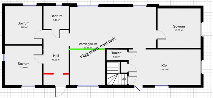 Planritning av enplanshus med markerad potentiellt bärande vägg och dimensioner på rum.