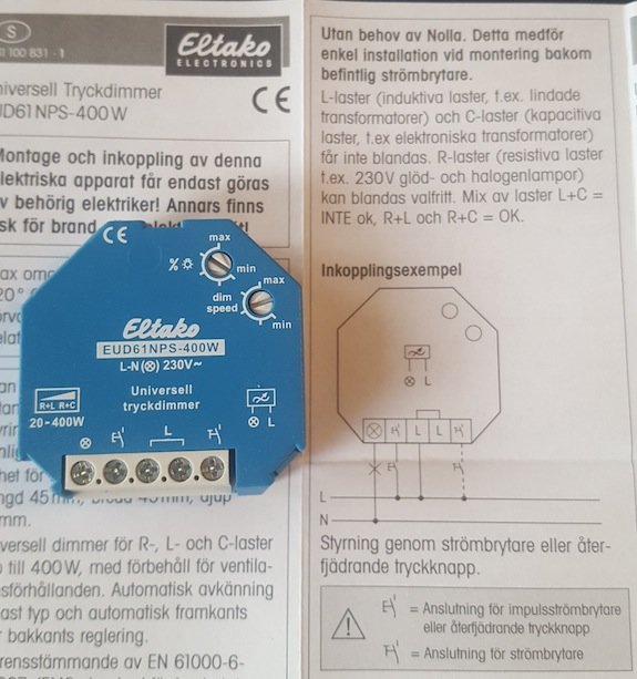 Ny Eltako elektronisk tryckdimmer och kopplingsschema, osäkerhet kring L och N kablar angiven.