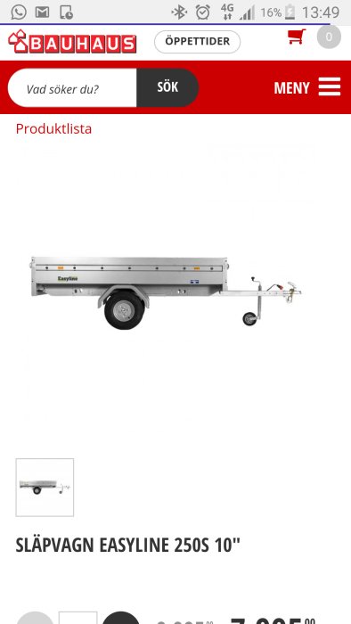 Släpvagn Easyline 250S 10" inom ett onlinebutiksfönster, erbjuden till rabatterat pris på grund av saknad skärm och skada.