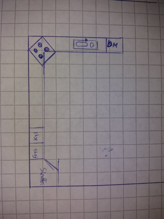 Handritad skiss av en kökslayout med måttangivelser på rutat papper.