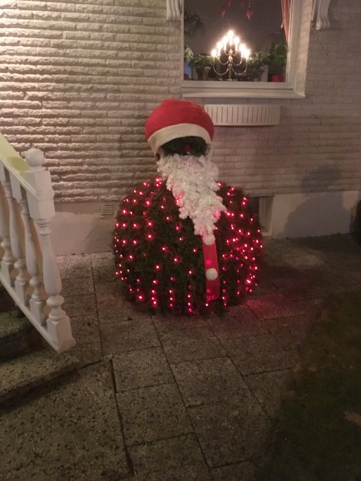 Buske dekorerad med röda ljusslingor och julgranspynt, toppad med tomteluva och skägg.