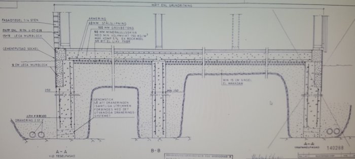 Teknisk ritning av husgrund som visar detaljerad konstruktion, dränering och material såsom Leca block och armering.