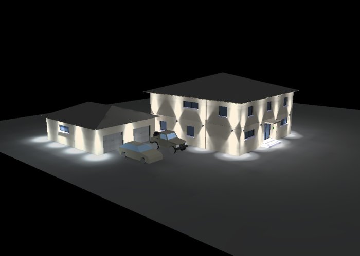 3D-rendering av ett hus och garage med utomhusbelysning och spotlights som lyser upp fasaden.