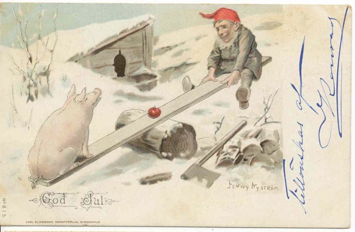 Gammaldags julhälsningskort med en pojke på en gungbräda och en gris, "God Jul" text och signatur.