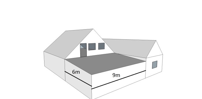 Yksinkertaistettu piirros rakennuksesta, jossa on kaksi rinnakkaista kattoa. Pituus 9m, leveys 6m. Kaiteet ja portaat puuttuvat.