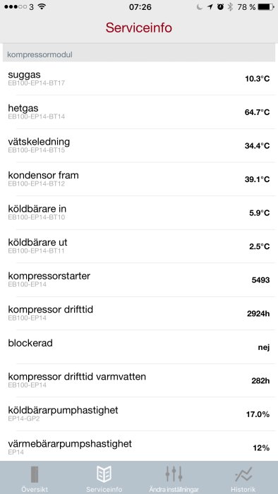 Skärmdump av serviceinformation med temperatur- och drifttidsdata för ett värmepumpssystem.