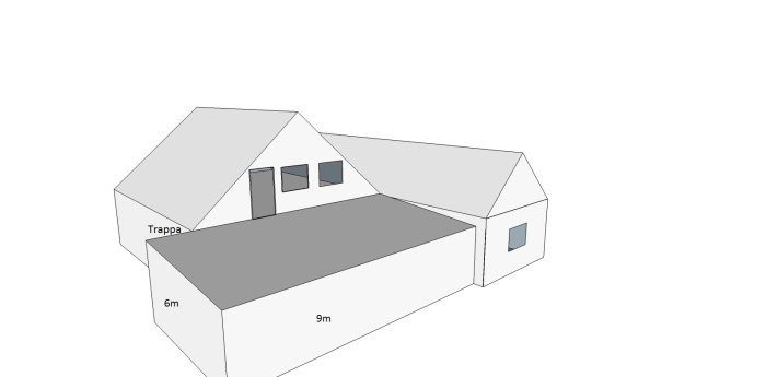 3D-malli varastorakennuksesta, jossa on kaksi osaa: muotoinen katto ja suorakulmainen osa. Rakennuksen mitat ovat 6m x 9m. Mukana ikkunoita ja ovi.