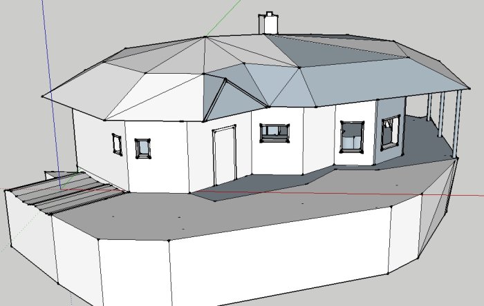 3D-modell av ett hus under konstruktion med ett komplicerat taksystem.