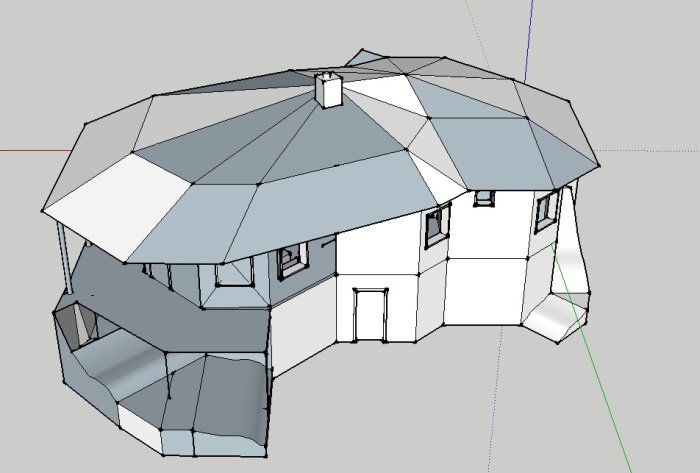 3D-modell av ett hus med komplext takstruktur under konstruktion.