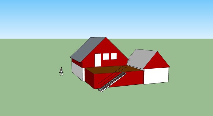 Punaisen rakennuksen 3D-malli, jossa on tasanne ja ulkoportaat; rakennus laajennuksen yhteydessä. Hahmo seisoo kaukana edessä.
