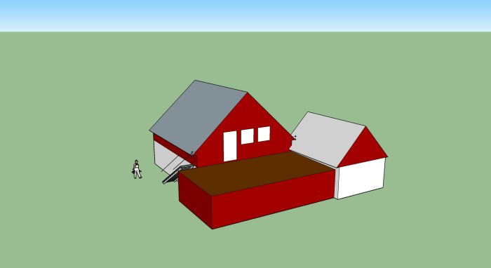 Punainen rakennussuunnitelma kahdella liitetyllä rakenteella, yksi katettu alue edessä, harmaa katto, piirretty henkilö vasemmalla.