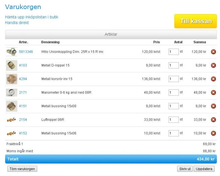 Skärmdump av en varukorg med byggprodukter såsom kopplingar och ventiler med priser och antal.