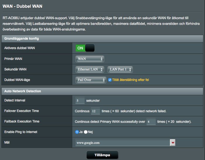 Skärmdump av en routers inställningsgränssnitt för dubbel WAN-konfiguration.