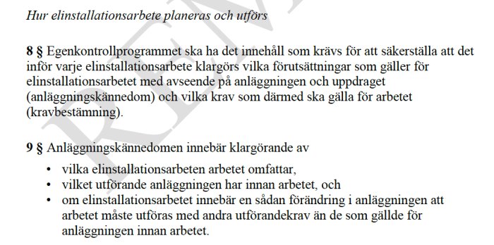 Skärmdump av text från Elsäkerhetsverkets föreskrifter om elinstallationsarbete som beskriver planering och utförande.