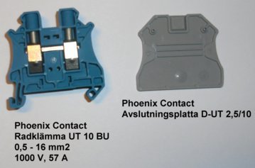 Phoenix Contact radklämma och avslutningsplatta avsedda för DIN-skena, dimensioner cirka 45x45 mm.