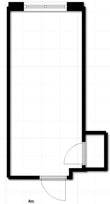 Ritning av ett rum med mått, dörr, garderob och ventilationskanal, avsett för badrumsombyggnad.