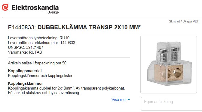 Dubbelklämma för 2x10 mm² kablar av transparent polykarbonat med förzinkad stålskruv och hylsa av mässing.