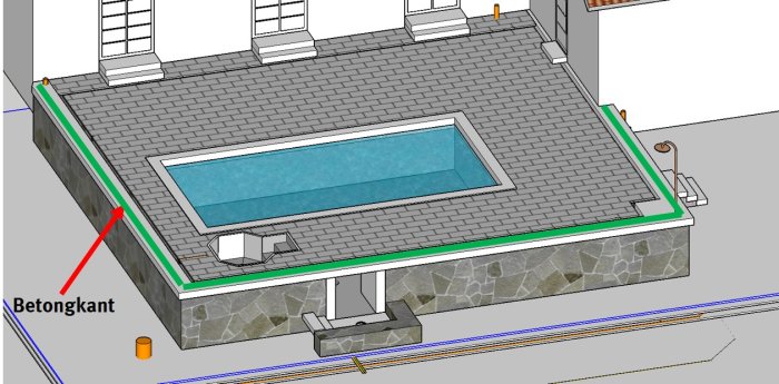 3D-modell av en bakgård med en pool, stenmur och markerade mått för betongkanten.