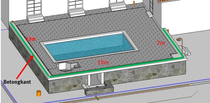 3D-ritning av ett poolprojekt med mått för betongkanten runt poolen på 13, 15 och 7 meter.