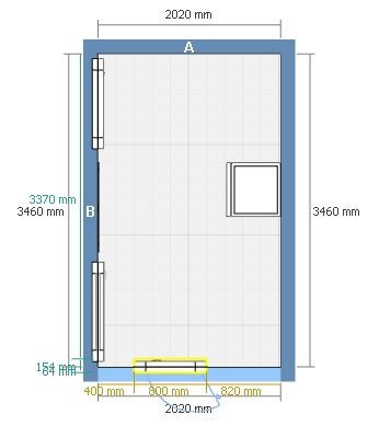 Arkitektonisk ritning av ett rum med dörr, möbler och dimensioner angivna i mm.