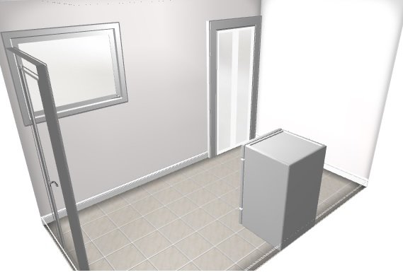 3D-rendering av ett tomt rum med dörr, fönster, spegel och en låda.