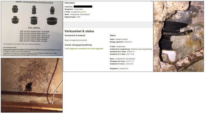 Kollage med bilder av byggnipplar, företagsinformation, och en skadad röranslutning i vägg.