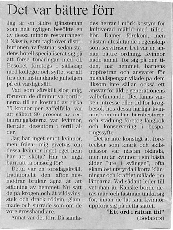 En tidningsartikel med rubriken "Det var bättre förr", text och en spalt med korta stycken.