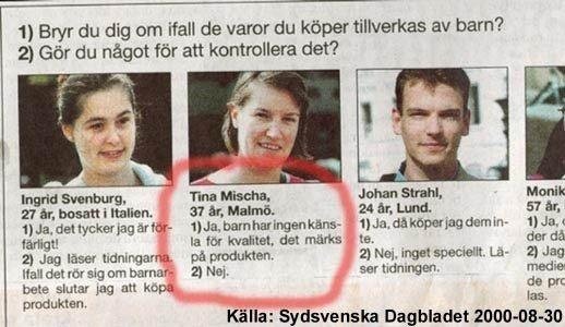 Tre personer med intervjuutdrag från en tidning, medelålders kvinna markerad med röd cirkel.