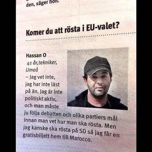 Porträtt av en man med keps som är avbildad i en tidningsartikel med text angående EU-valet.