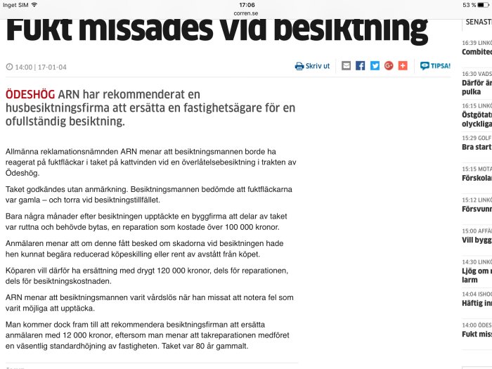 Skärmbild av en nyhetsartikel om en missad fuktbesiktning i Ödeshög.