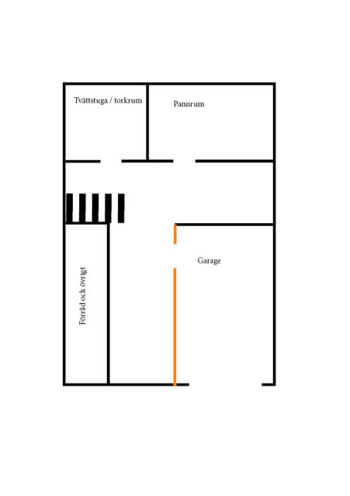 Planritning över en källare med markerad röd-orange bärande vägg mellan garage och förråd.