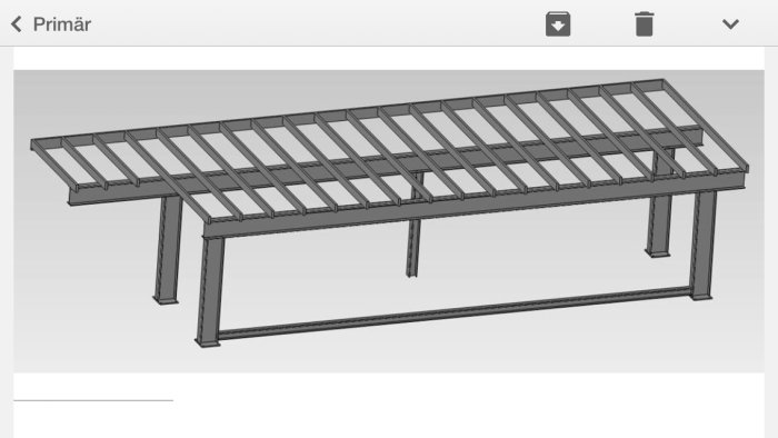 3D-modell av ett långt pooltak med ett eventuellt hängande segment utan stödpelare.