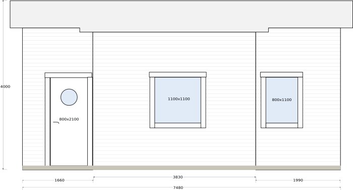 Skiss av framväggen för ett planerat attefallshus med dimensioner och fönsterstorlekar angivna.