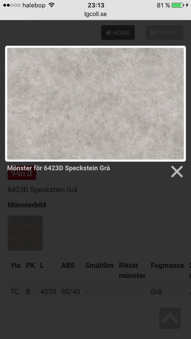 Mönsterprov av 6423D Speckstein Grå från LG collection, visar en grå stenstruktur som kan passa till Bodbyn skåp.