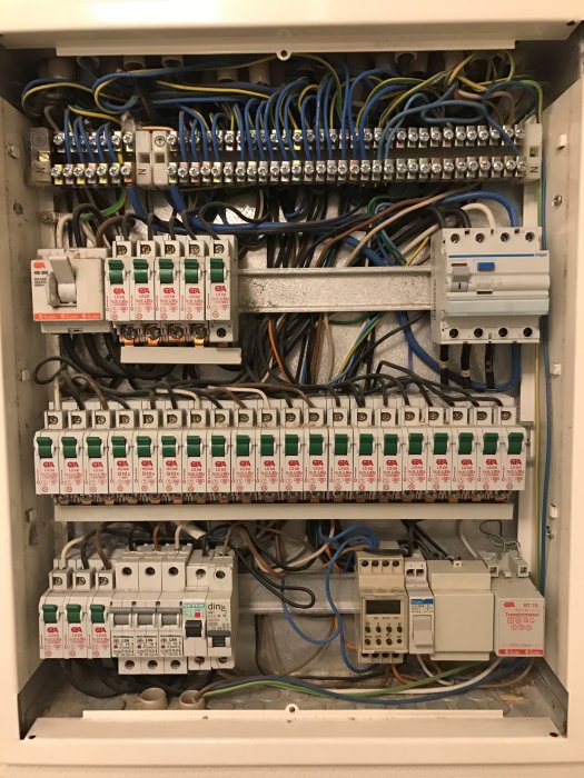 Elcentral före byte av jordfelsbrytare med säkringar och ordnade kablar.