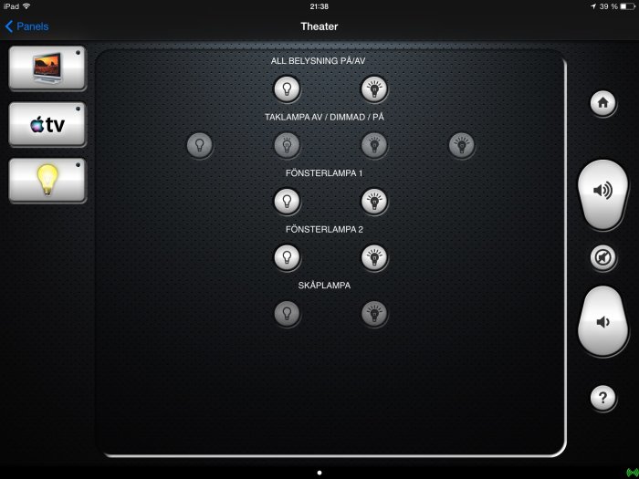 Gränssnitt för hemautomation på en surfplatta med ikoner för belysning och multimedienheter.