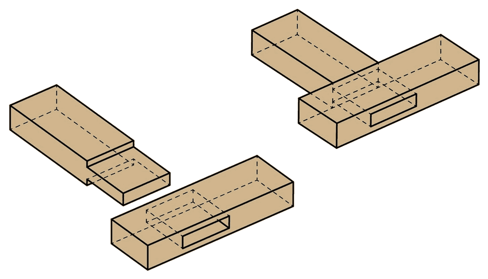 Illustration av träbearbetning med fyrkantiga tapphål och tappar för konstruktion av möbler.