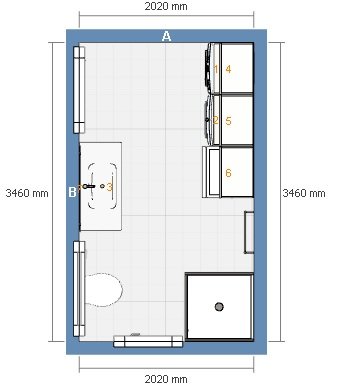 Ritning av förslag 1 för badrumsdesign med mått, innehåller badkar, dusch, toalett och handfat.