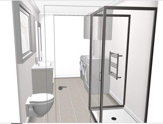 3D-rendering av ett badrumsförslag med toalett, handfat, dusch och tvättmaskiner.