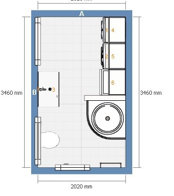 Ritning av förslag 1 för ett byggprojekt som visar en badrumsplan med mått och placering av inredning.