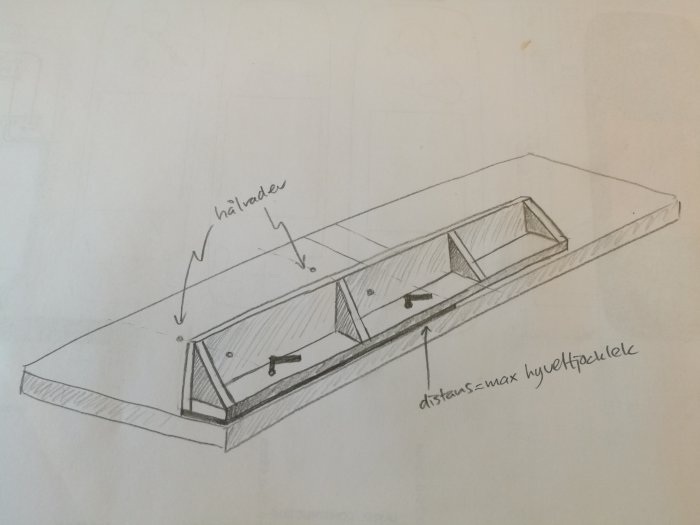 Skiss av en hyvelbänk med märkta delar som hållare och distans för hyvelstål, strategiskt placerat för stabilitet.
