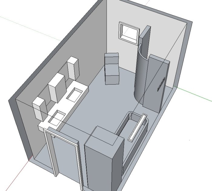 3D-skiss av ett badrum med snedställd toalett, dusch, fönster och förvaringslösningar.