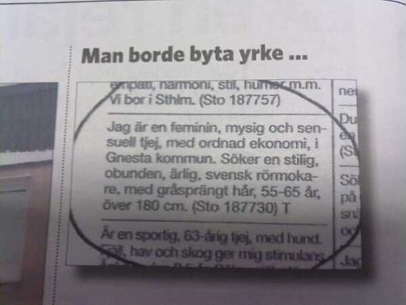 Utklipp från tidning med kontaktannons och skämttext: "Man borde byta yrke".