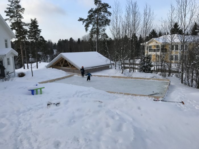 Två personer på en hemmagjord isrink i en snöig trädgård med hus och träd i bakgrunden.